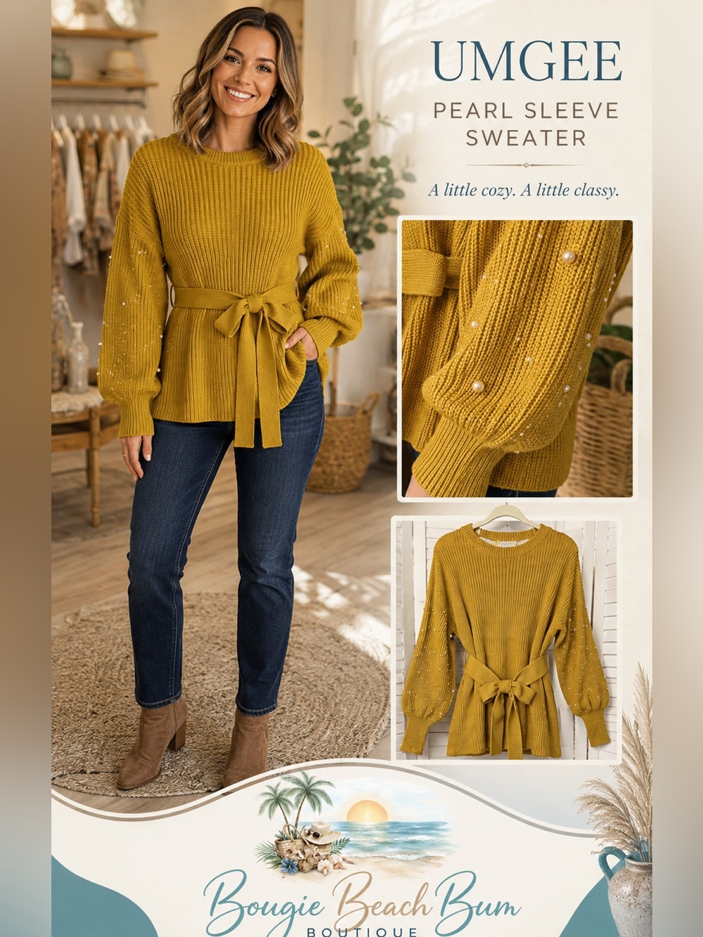 Umgee Mustard Pearl-Accent Crewneck Sweater